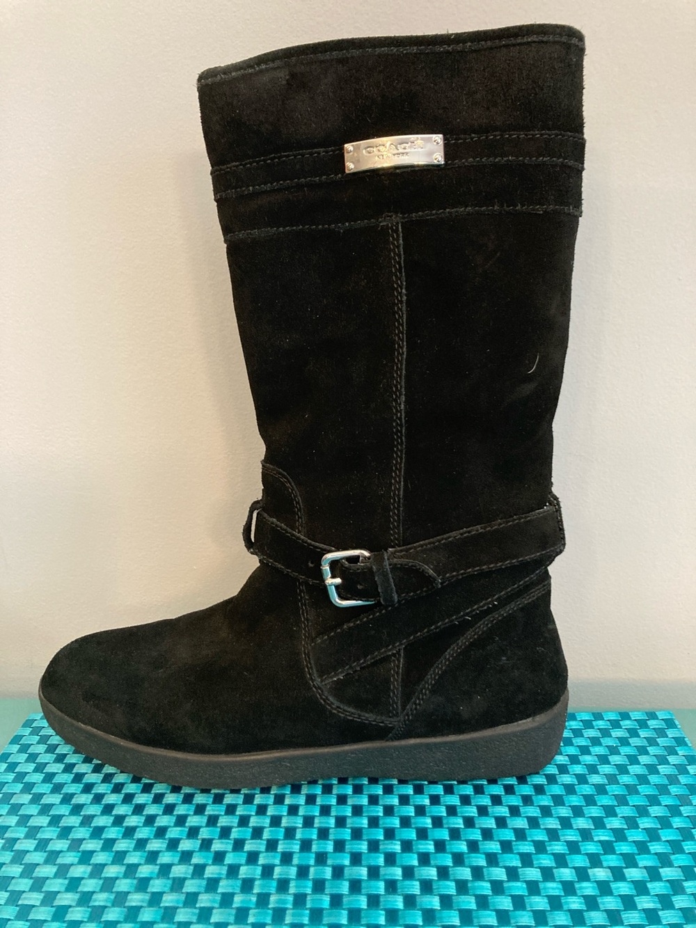 Coach Black Suede Mid-Calf Heeled Boots with Buckle Accent Women Size 8.5